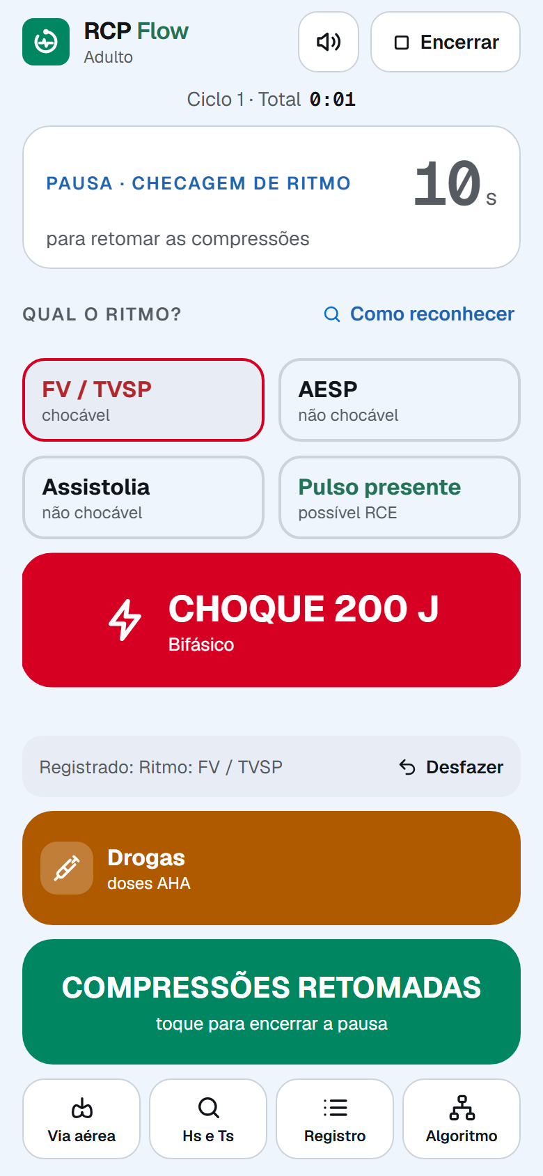 Tela da checagem de ritmo: FV/TVSP marcada e o botão vermelho de choque 200 J