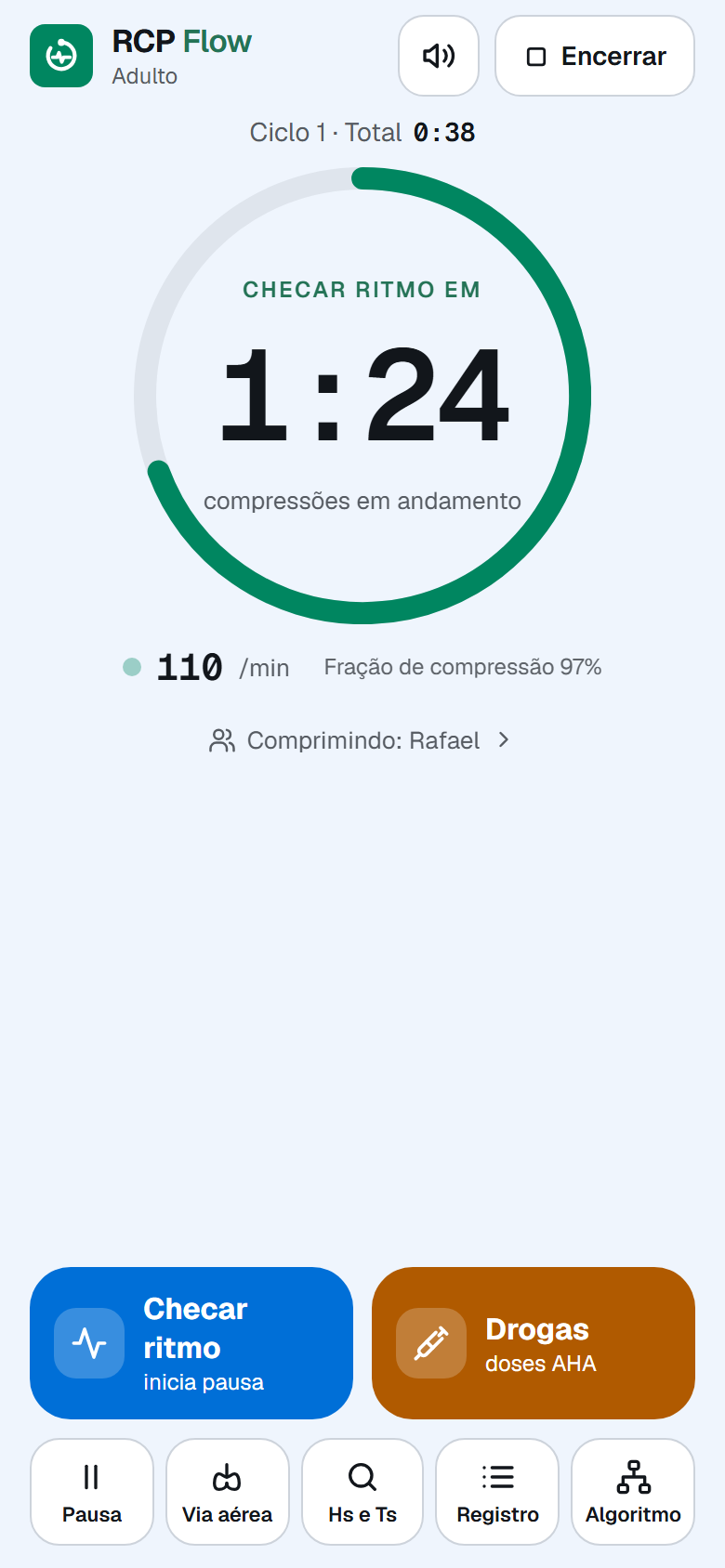 Tela da parada: anel do ciclo com 1:24 para checar o ritmo e metrônomo em 110 por minuto